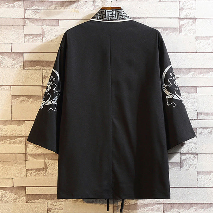 Giacca da uomo con kimono aperto sul davanti, ricamo di Buddha Stones, drago, fenice, nuvola di buon auspicio, onde, foglie, gru