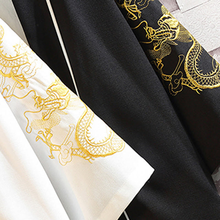 Giacca da uomo con kimono aperto sul davanti, ricamo di Buddha Stones, drago, fenice, nuvola di buon auspicio, onde, foglie, gru - image 34