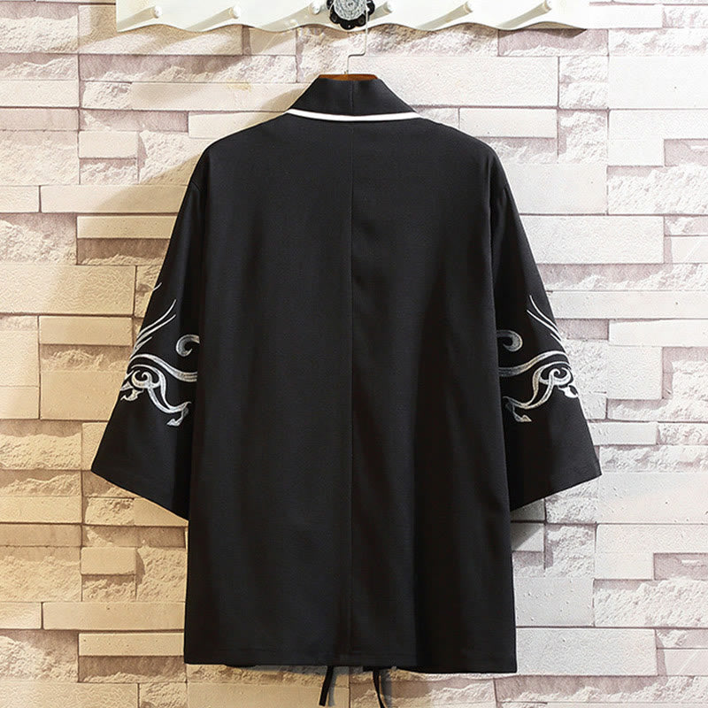 Giacca da uomo con kimono aperto sul davanti, ricamo di Buddha Stones, drago, fenice, nuvola di buon auspicio, onde, foglie, gru - image 7