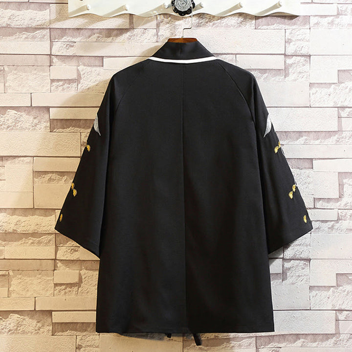 Giacca da uomo con kimono aperto sul davanti, ricamo di Buddha Stones, drago, fenice, nuvola di buon auspicio, onde, foglie, gru - image 42