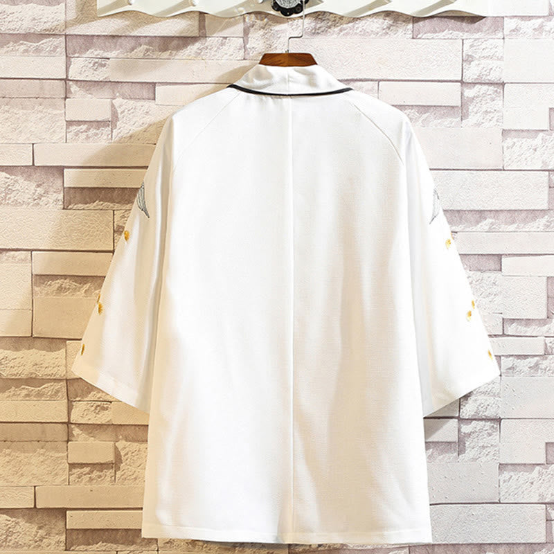 Giacca da uomo con kimono aperto sul davanti, ricamo di Buddha Stones, drago, fenice, nuvola di buon auspicio, onde, foglie, gru - image 44