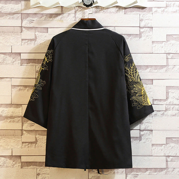 Giacca da uomo con kimono aperto sul davanti, ricamo di Buddha Stones, drago, fenice, nuvola di buon auspicio, onde, foglie, gru - image 19