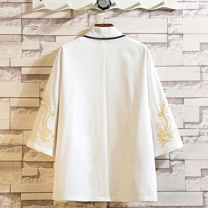 Giacca da uomo con kimono aperto sul davanti, ricamo di Buddha Stones, drago, fenice, nuvola di buon auspicio, onde, foglie, gru - image 13