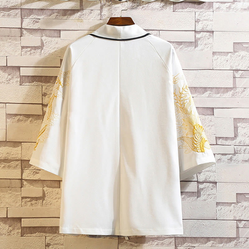 Giacca da uomo con kimono aperto sul davanti, ricamo di Buddha Stones, drago, fenice, nuvola di buon auspicio, onde, foglie, gru - image 21