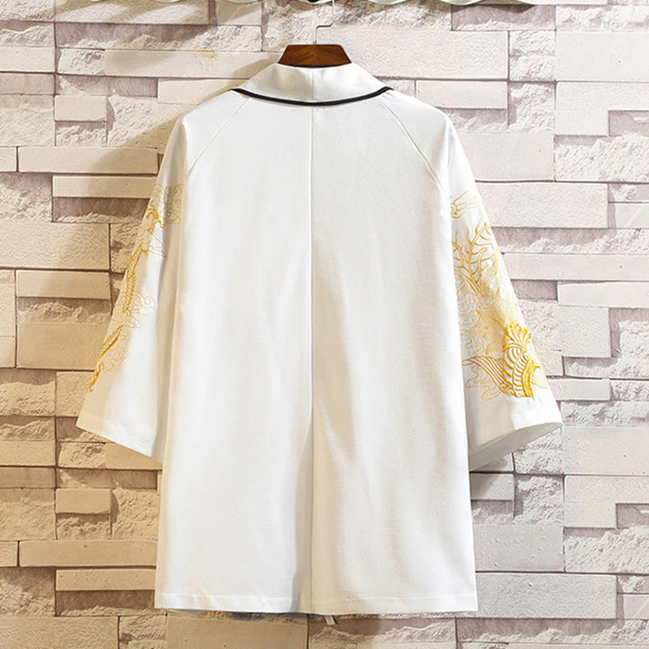 Giacca da uomo con kimono aperto sul davanti, ricamo di Buddha Stones, drago, fenice, nuvola di buon auspicio, onde, foglie, gru - image 21