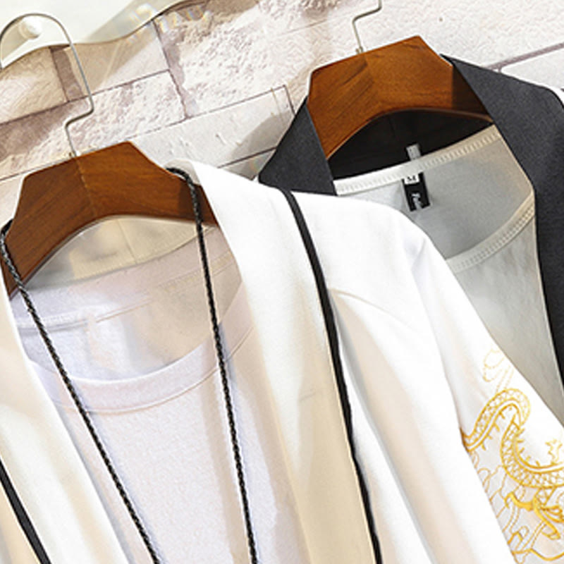 Giacca da uomo con kimono aperto sul davanti, ricamo di Buddha Stones, drago, fenice, nuvola di buon auspicio, onde, foglie, gru - image 33