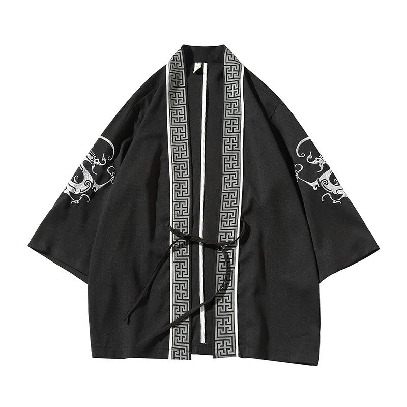 Giacca da uomo con kimono aperto sul davanti, ricamo di Buddha Stones, drago, fenice, nuvola di buon auspicio, onde, foglie, gru