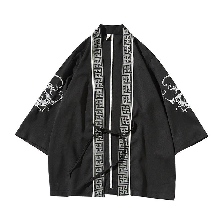 Giacca da uomo con kimono aperto sul davanti, ricamo di Buddha Stones, drago, fenice, nuvola di buon auspicio, onde, foglie, gru