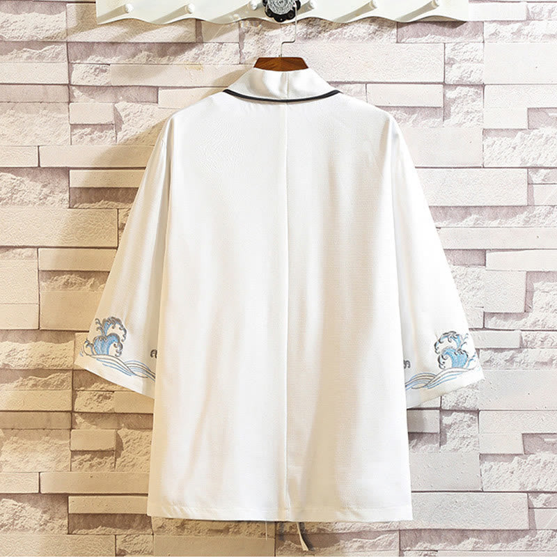 Giacca da uomo con kimono aperto sul davanti, ricamo di Buddha Stones, drago, fenice, nuvola di buon auspicio, onde, foglie, gru - image 40