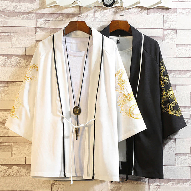 Giacca da uomo con kimono aperto sul davanti, ricamo di Buddha Stones, drago, fenice, nuvola di buon auspicio, onde, foglie, gru