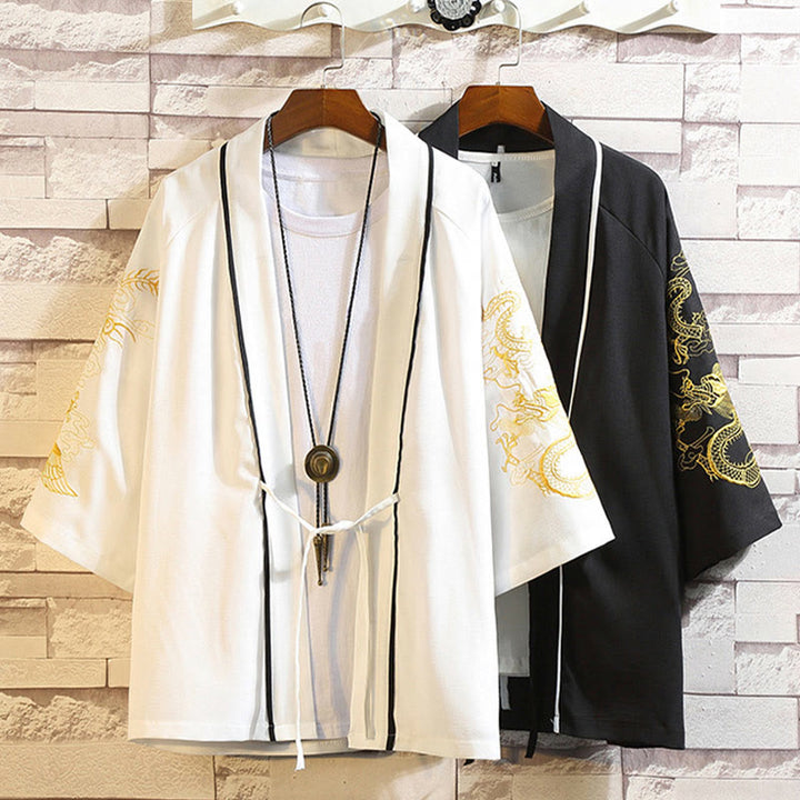 Giacca da uomo con kimono aperto sul davanti, ricamo di Buddha Stones, drago, fenice, nuvola di buon auspicio, onde, foglie, gru