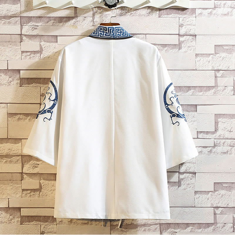 Giacca da uomo con kimono aperto sul davanti, ricamo di Buddha Stones, drago, fenice, nuvola di buon auspicio, onde, foglie, gru