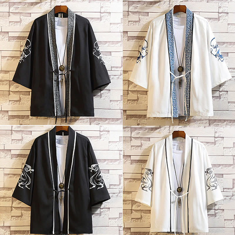 Giacca da uomo con kimono aperto sul davanti, ricamo di Buddha Stones, drago, fenice, nuvola di buon auspicio, onde, foglie, gru