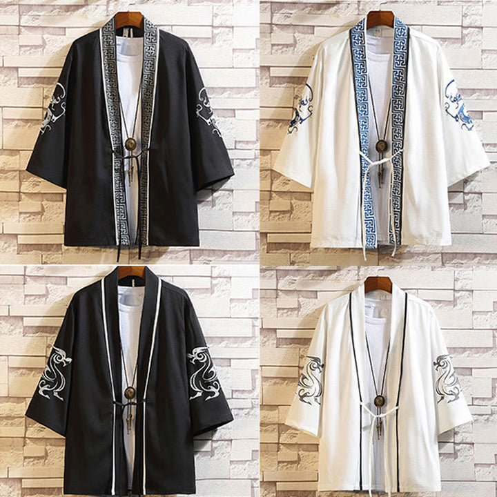 Giacca da uomo con kimono aperto sul davanti, ricamo di Buddha Stones, drago, fenice, nuvola di buon auspicio, onde, foglie, gru