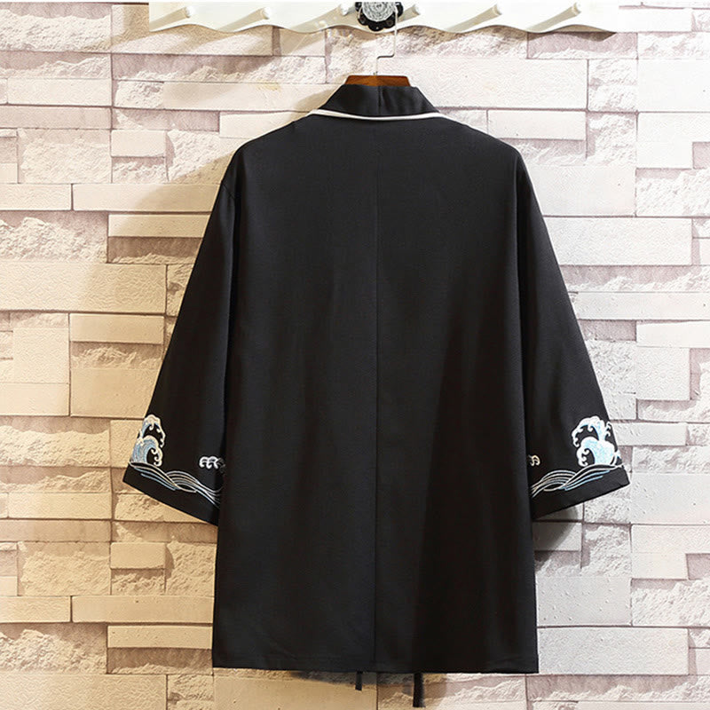 Giacca da uomo con kimono aperto sul davanti, ricamo di Buddha Stones, drago, fenice, nuvola di buon auspicio, onde, foglie, gru