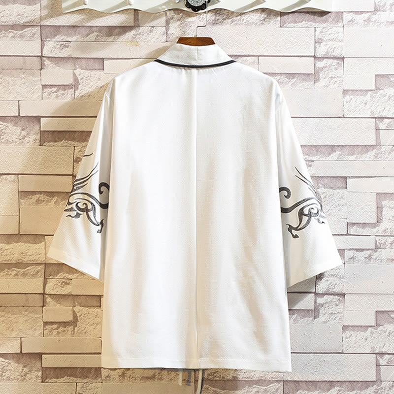 Giacca da uomo con kimono aperto sul davanti, ricamo di Buddha Stones, drago, fenice, nuvola di buon auspicio, onde, foglie, gru - image 9