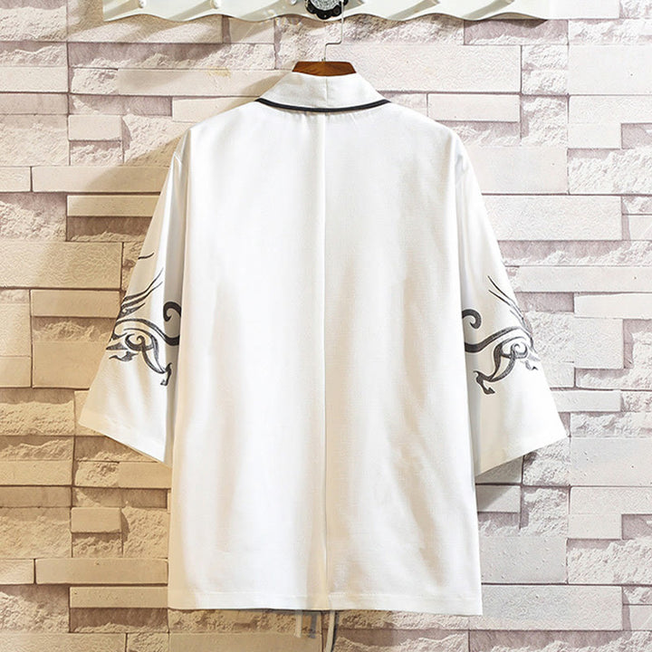 Giacca da uomo con kimono aperto sul davanti, ricamo di Buddha Stones, drago, fenice, nuvola di buon auspicio, onde, foglie, gru - image 9