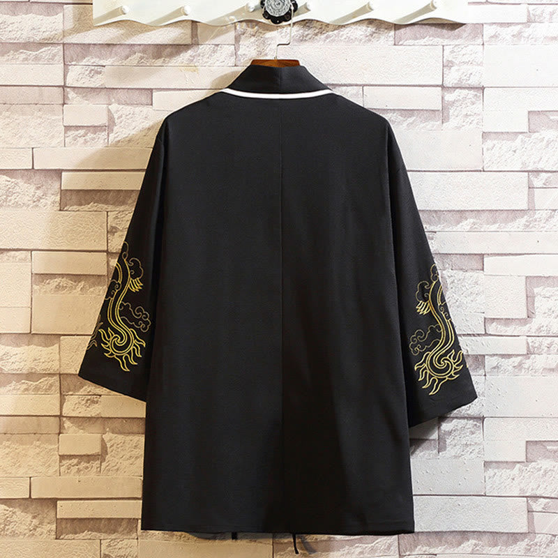 Giacca da uomo con kimono aperto sul davanti, ricamo di Buddha Stones, drago, fenice, nuvola di buon auspicio, onde, foglie, gru