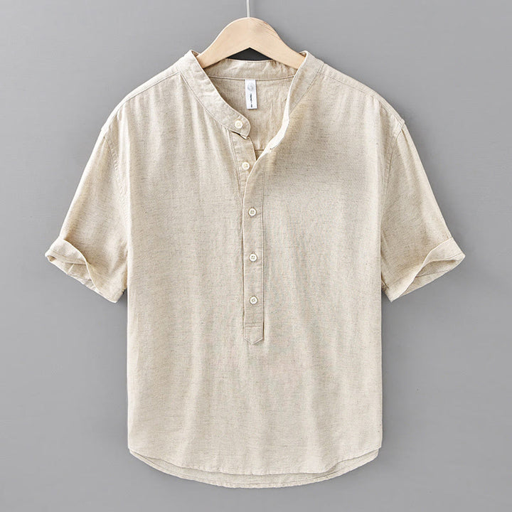 Camicia da uomo in cotone e lino a maniche corte con bottoni a metà tinta unita, modello Buddha Stones
