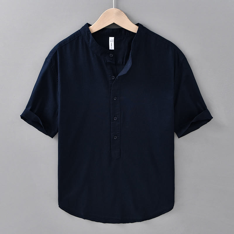 Camicia da uomo in cotone e lino a maniche corte con bottoni a metà tinta unita, modello Buddha Stones