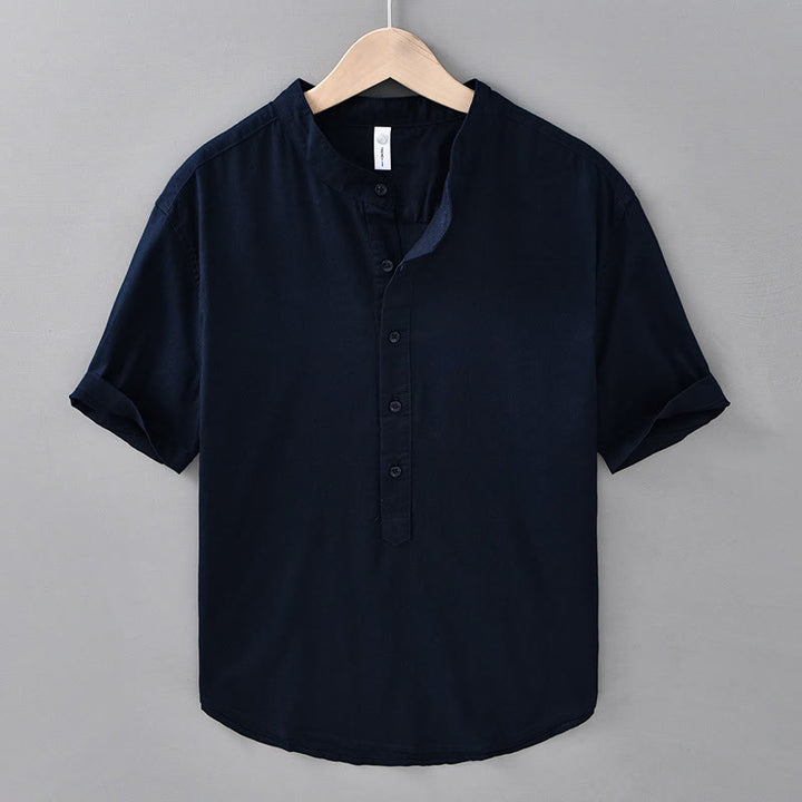 Camicia da uomo in cotone e lino a maniche corte con bottoni a metà tinta unita, modello Buddha Stones