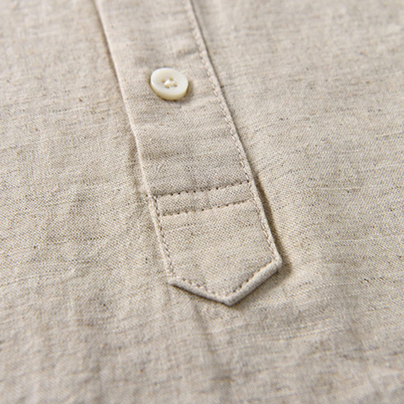 Camicia da uomo estiva a maniche corte con mezza abbottonatura, tinta unita, in cotone e lino, con motivo Buddha Stones. - image 5