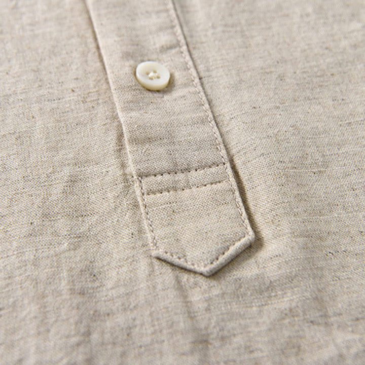 Camicia da uomo estiva a maniche corte con mezza abbottonatura, tinta unita, in cotone e lino, con motivo Buddha Stones. - image 5