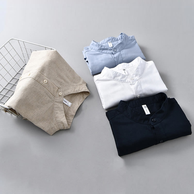 Camicia da uomo in cotone e lino a maniche corte con bottoni a metà tinta unita, modello Buddha Stones - image 18