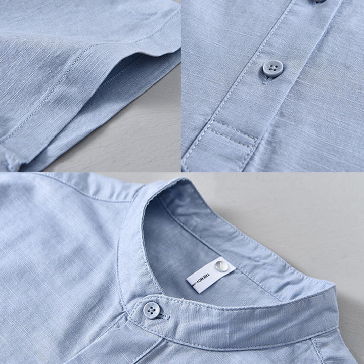 Camicia da uomo estiva a maniche corte con mezza abbottonatura, tinta unita, in cotone e lino, con motivo Buddha Stones. - image 14