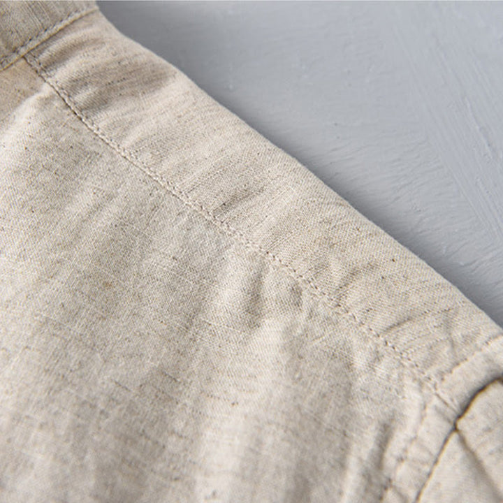Camicia da uomo estiva a maniche corte con mezza abbottonatura, tinta unita, in cotone e lino, con motivo Buddha Stones. - image 7