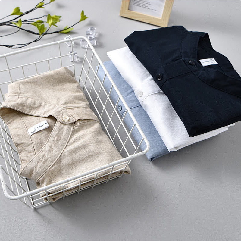 Camicia da uomo in cotone e lino a maniche corte con bottoni a metà tinta unita, modello Buddha Stones - image 19