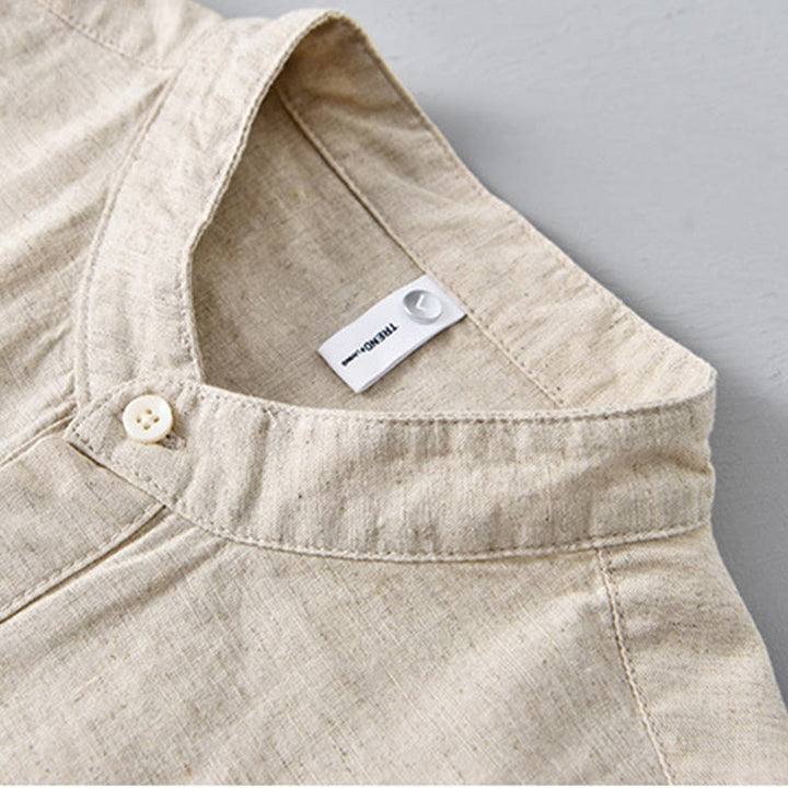 Camicia da uomo in cotone e lino a maniche corte con bottoni a metà tinta unita, modello Buddha Stones