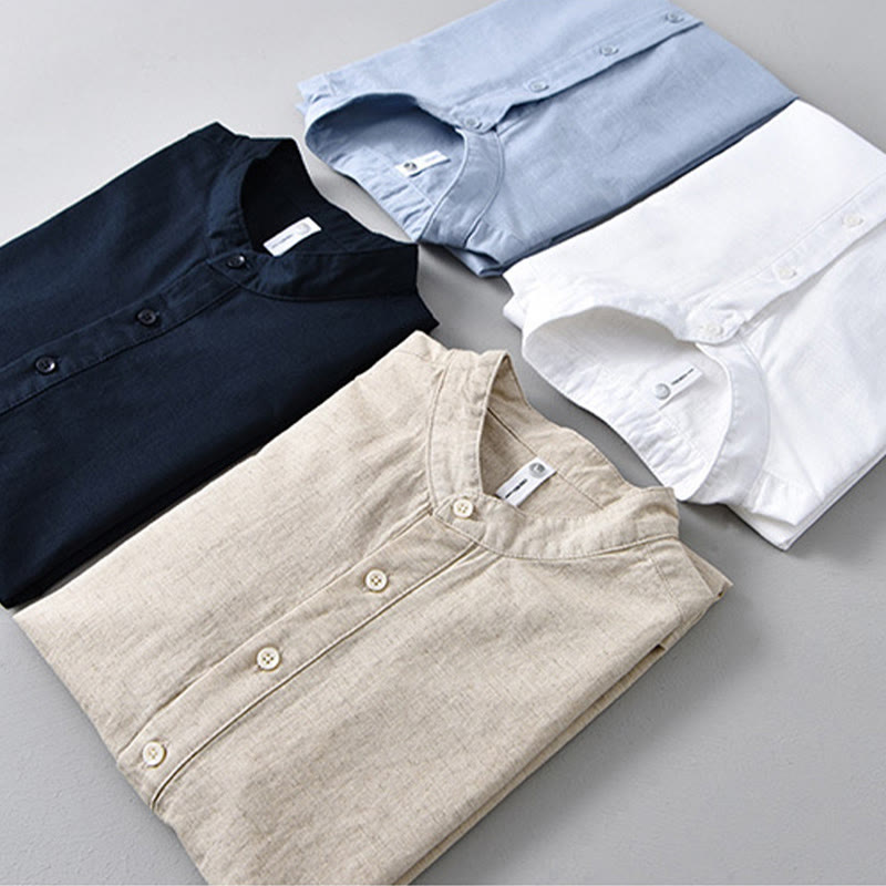 Camicia da uomo estiva a maniche corte con mezza abbottonatura, tinta unita, in cotone e lino, con motivo Buddha Stones. - image 1
