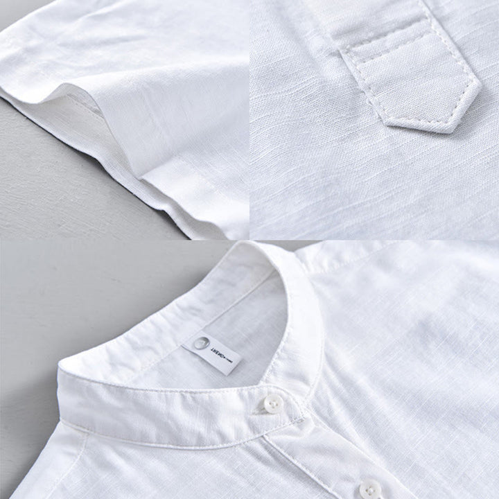 Camicia da uomo estiva a maniche corte con mezza abbottonatura, tinta unita, in cotone e lino, con motivo Buddha Stones. - image 12