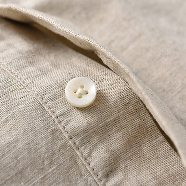 Camicia da uomo estiva a maniche corte con mezza abbottonatura, tinta unita, in cotone e lino, con motivo Buddha Stones. - image 6