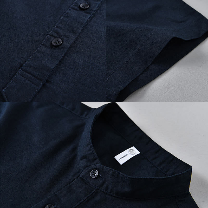 Camicia da uomo in cotone e lino a maniche corte con bottoni a metà tinta unita, modello Buddha Stones
