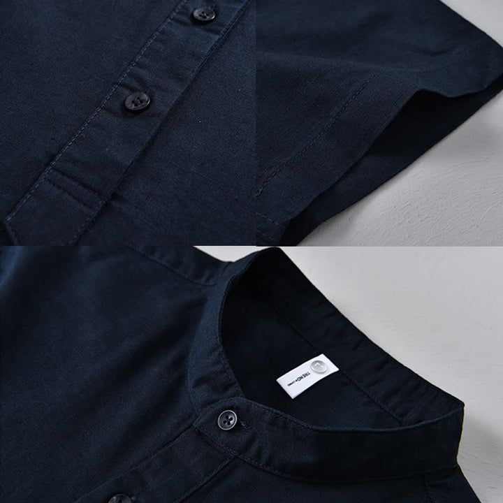 Camicia da uomo in cotone e lino a maniche corte con bottoni a metà tinta unita, modello Buddha Stones