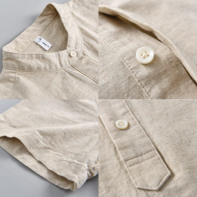 Camicia da uomo estiva a maniche corte con mezza abbottonatura, tinta unita, in cotone e lino, con motivo Buddha Stones. - image 3