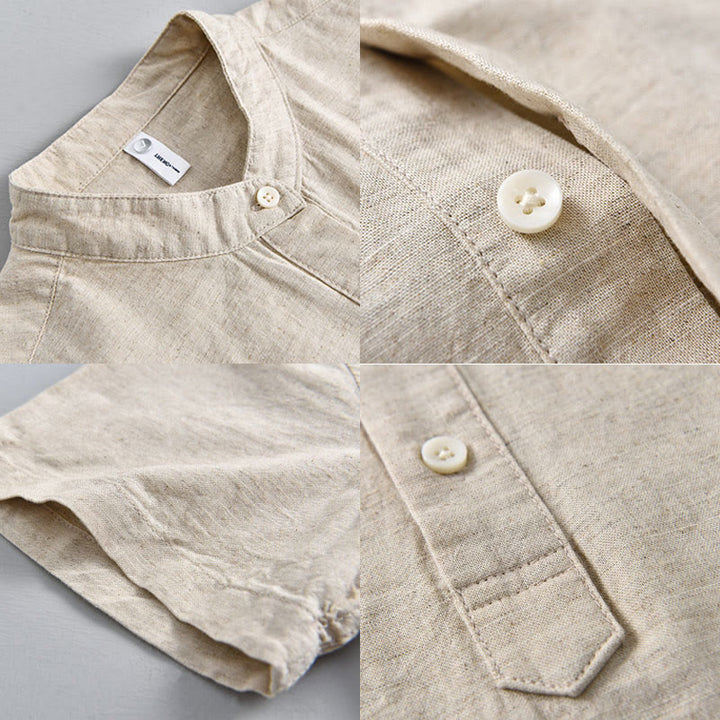 Camicia da uomo estiva a maniche corte con mezza abbottonatura, tinta unita, in cotone e lino, con motivo Buddha Stones. - image 3