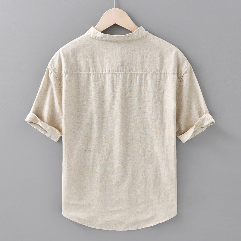 Camicia da uomo estiva a maniche corte con mezza abbottonatura, tinta unita, in cotone e lino, con motivo Buddha Stones. - image 2