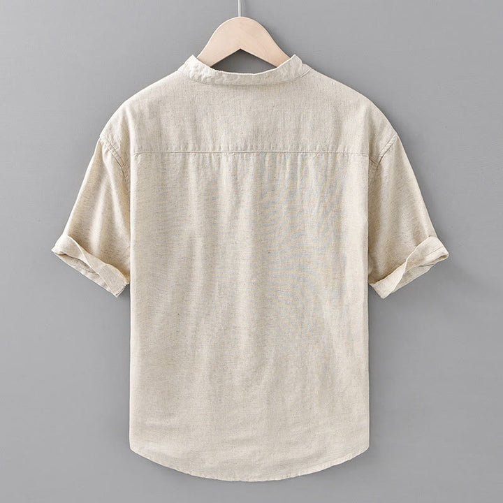 Camicia da uomo estiva a maniche corte con mezza abbottonatura, tinta unita, in cotone e lino, con motivo Buddha Stones. - image 2