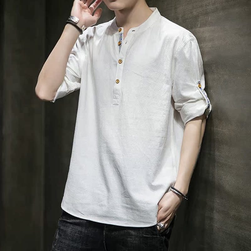 Camicia da uomo in lino con maniche corte e bottoni a metà polpaccio, modello Buddha Stones Summer Solid - Bianco - US/UK/AU46, EU56 (5XL) - image 25