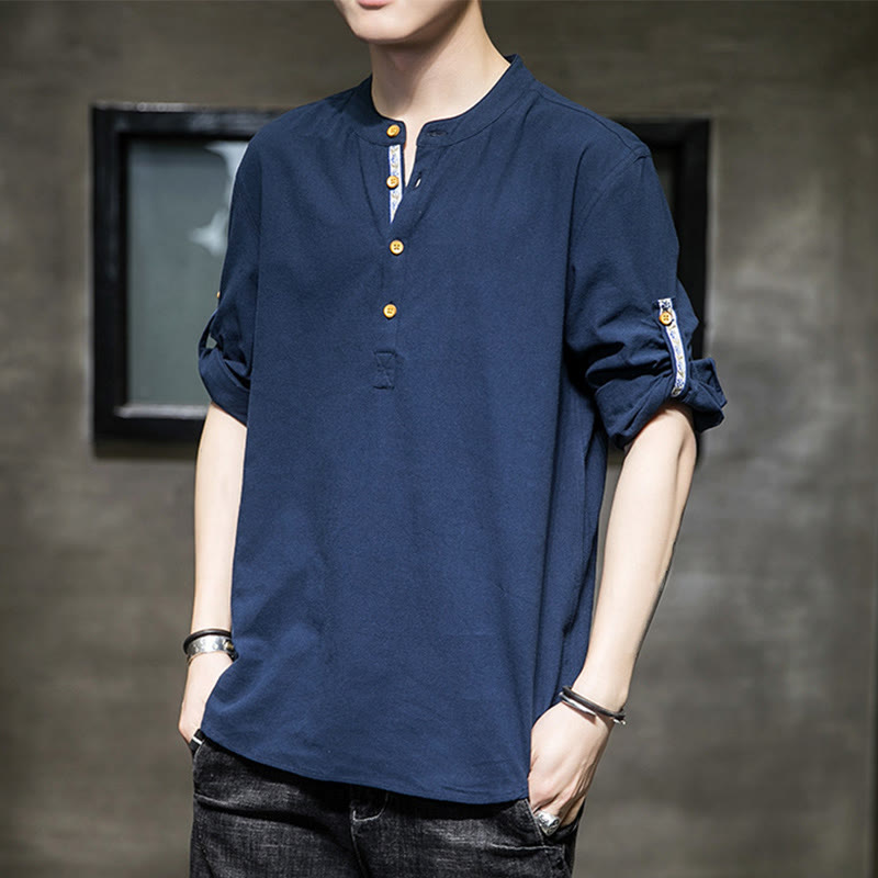 Camicia da uomo in lino con maniche corte e bottoni a metà polpaccio, modello Buddha Stones Summer Solid