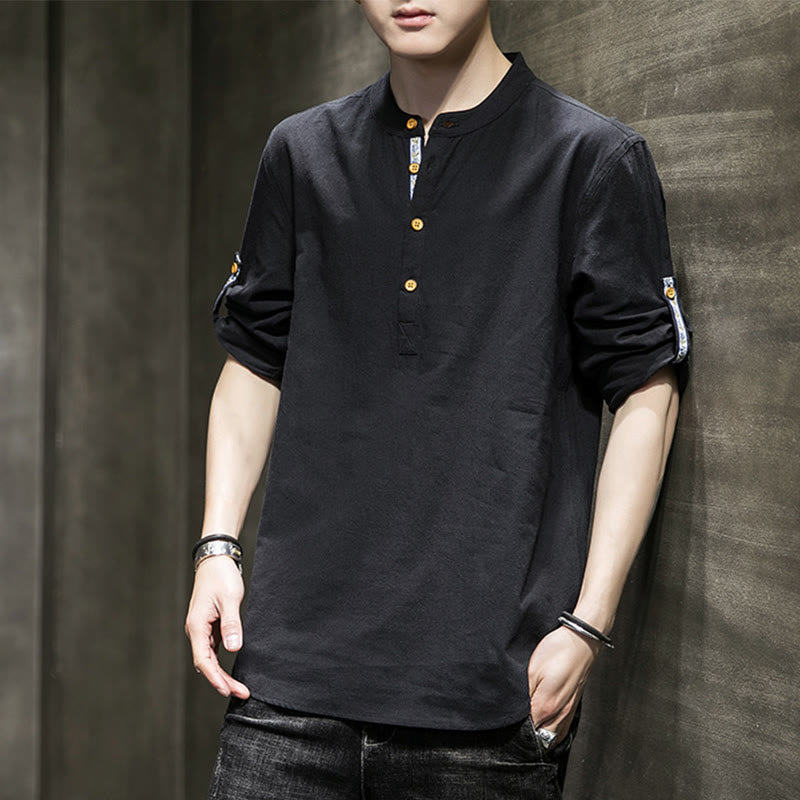 Camicia da uomo in lino con maniche corte e bottoni a metà polpaccio, modello Buddha Stones Summer Solid - Nero - US/UK/AU46, EU56 (5XL) - image 8