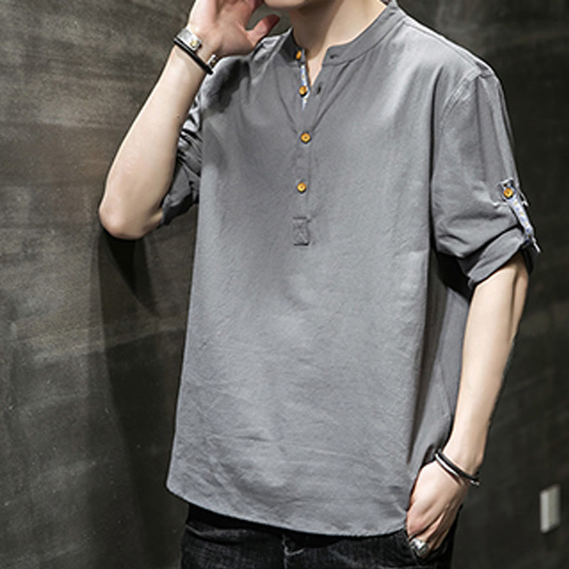 Camicia da uomo in lino con maniche corte e bottoni a metà polpaccio, modello Buddha Stones Summer Solid