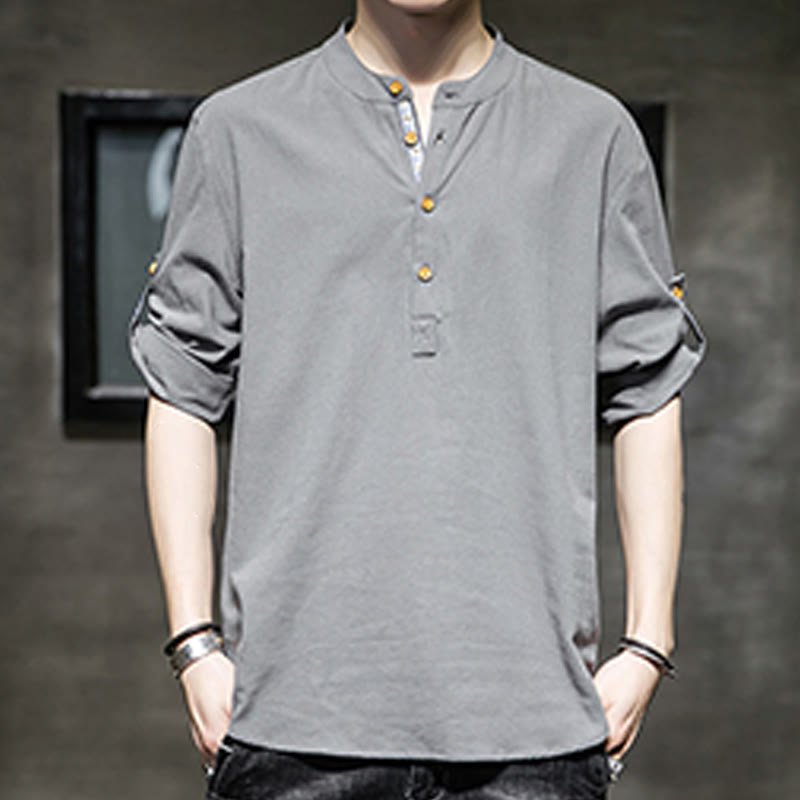 Camicia da uomo in lino con maniche corte e bottoni a metà polpaccio, modello Buddha Stones Summer Solid
