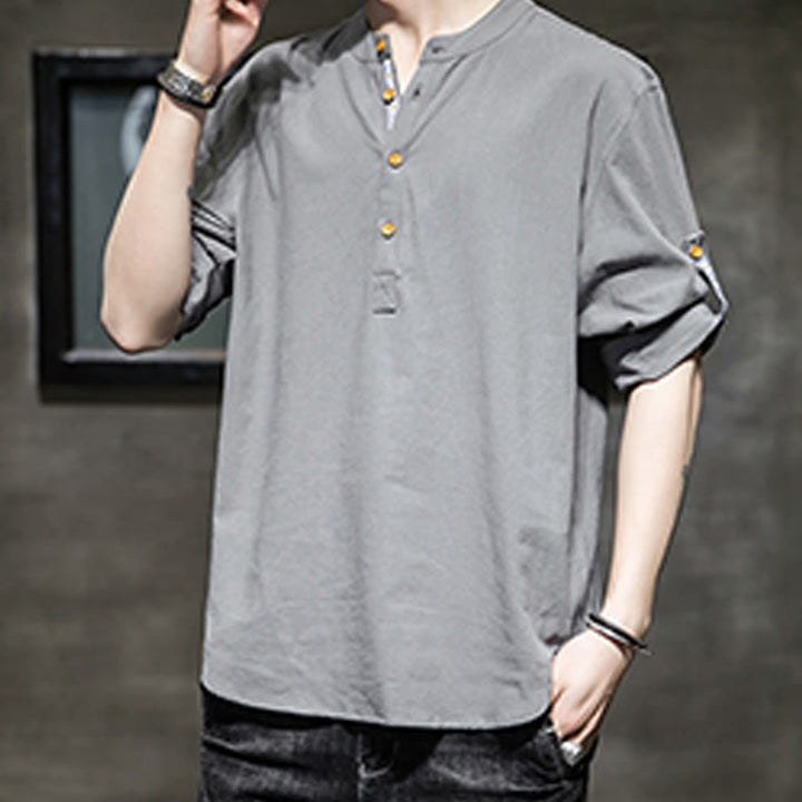 Camicia da uomo in lino con maniche corte e bottoni a metà polpaccio, modello Buddha Stones Summer Solid - image 1