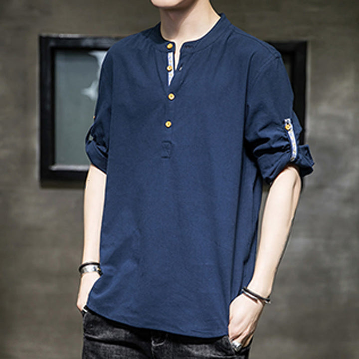 Camicia da uomo in lino con maniche corte e bottoni a metà polpaccio, modello Buddha Stones Summer Solid