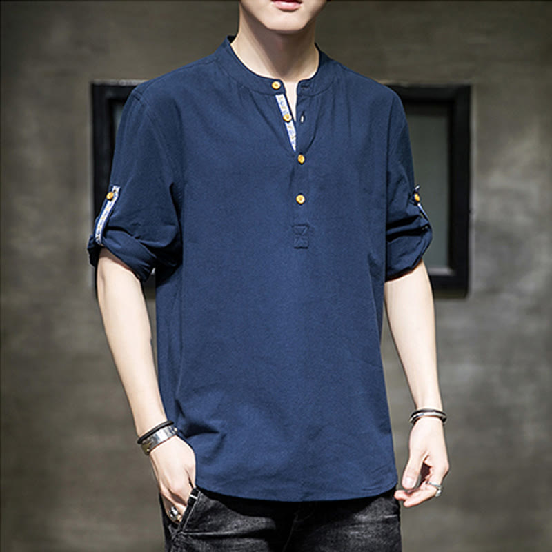 Camicia da uomo in lino con maniche corte e bottoni a metà polpaccio, modello Buddha Stones Summer Solid
