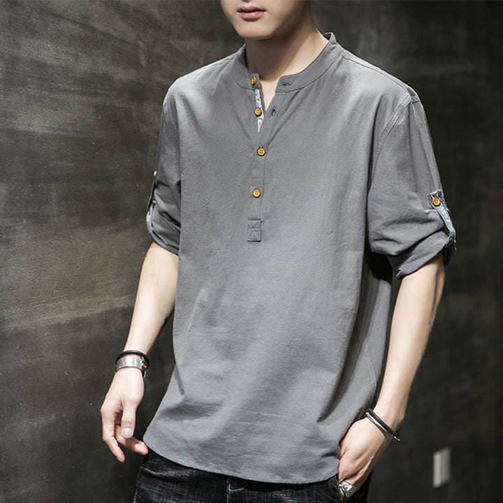 Camicia da uomo in lino con maniche corte e bottoni a metà polpaccio, modello Buddha Stones Summer Solid